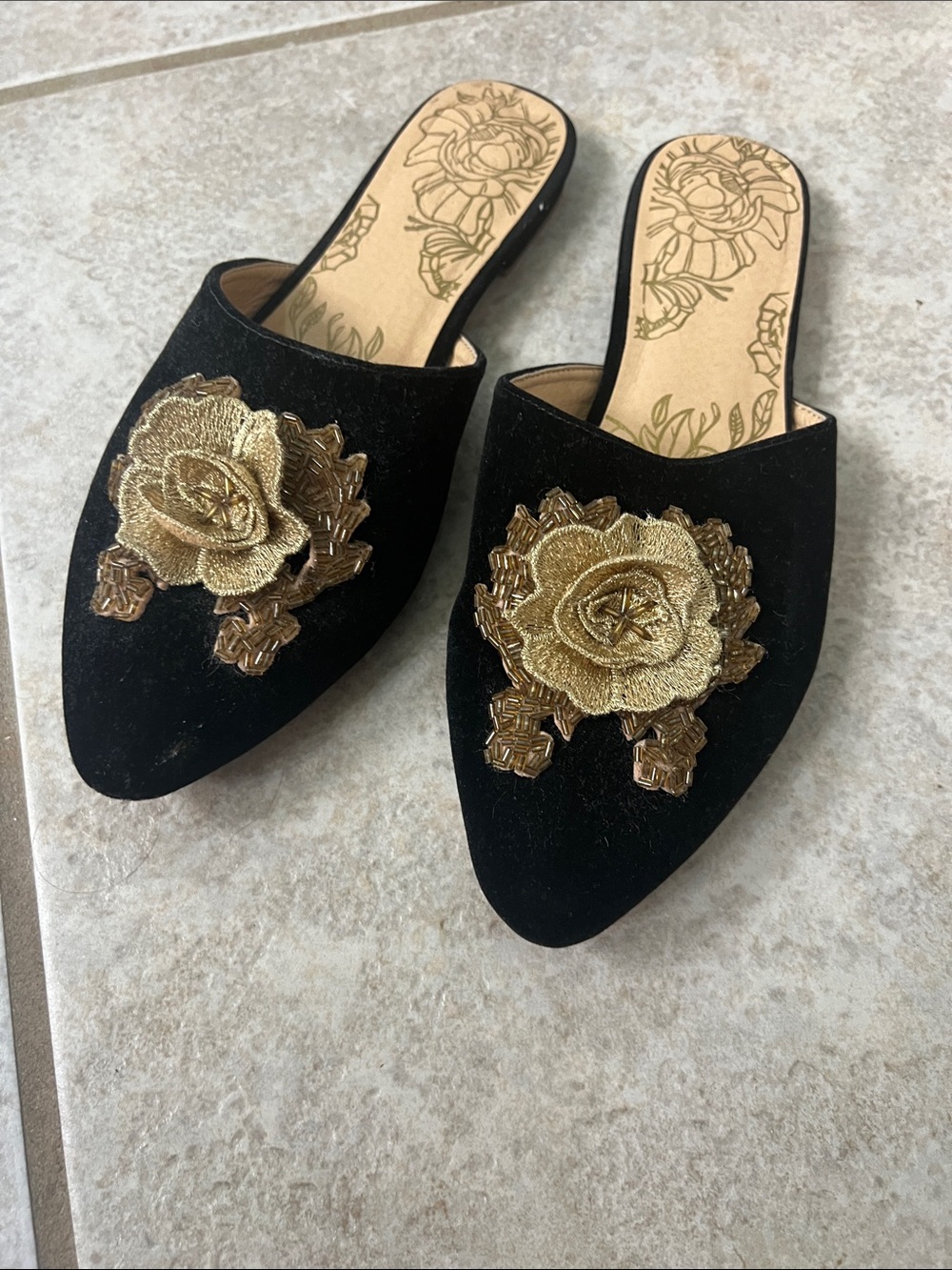 Joyfolie Black Velvet Pointed Mules with Gold Rose Embellishment